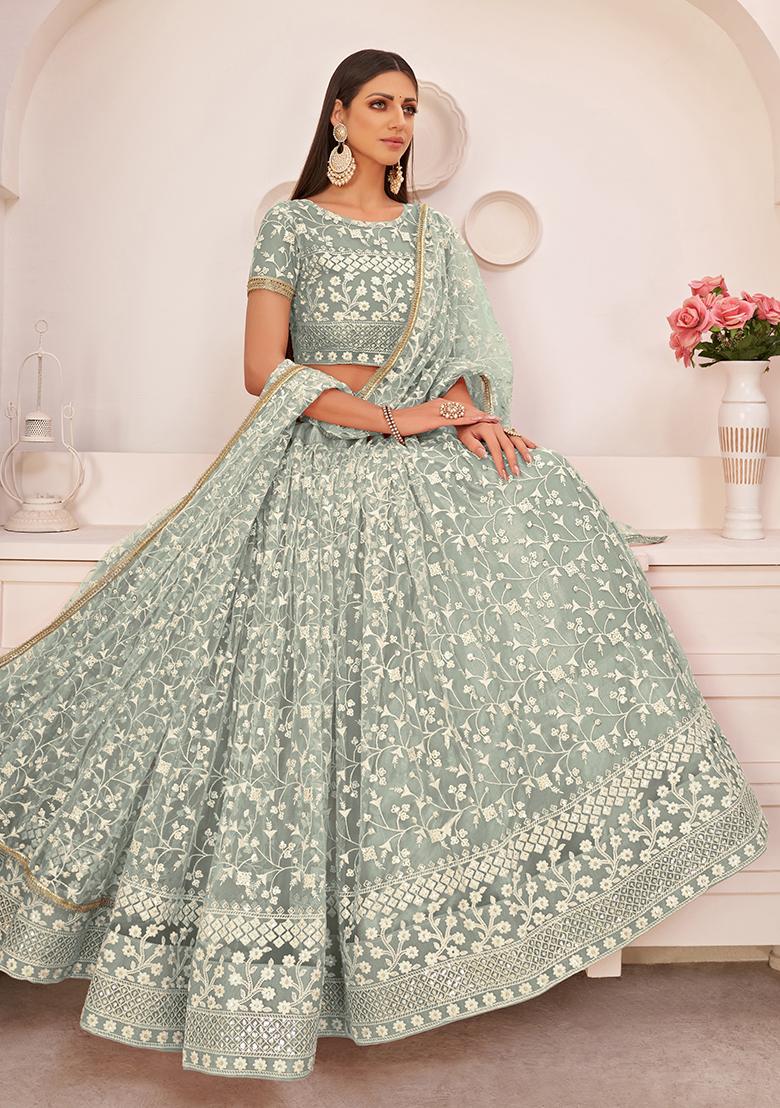 Green Thread Embroidered Net Lehenga Set