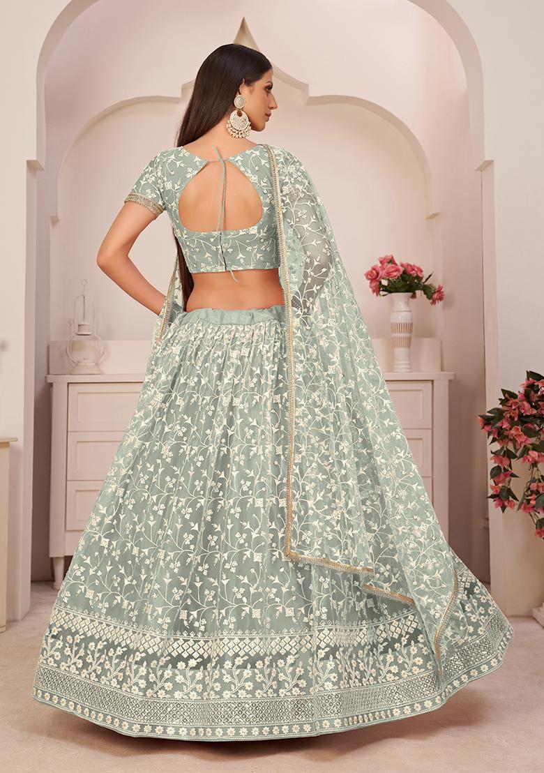 Green Thread Embroidered Net Lehenga Set