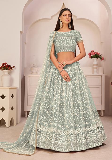 Green Thread Embroidered Net Lehenga Set