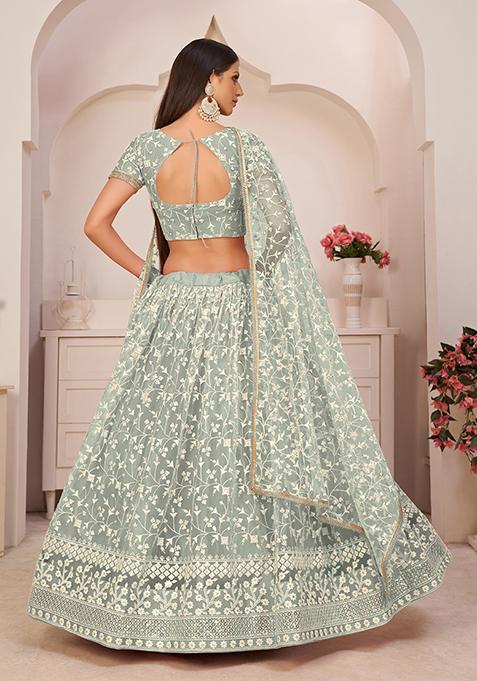 Green Thread Embroidered Net Lehenga Set