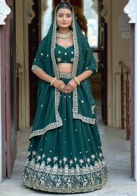 Green Embroidered Georgette Lehenga Set With Dupatta