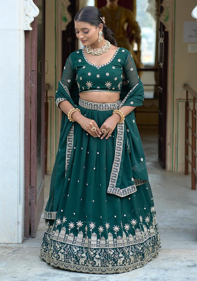 Green Embroidered Georgette Lehenga Set With Dupatta