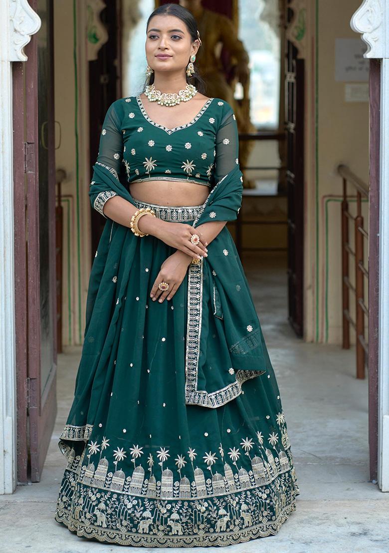 Green Embroidered Georgette Lehenga Set With Dupatta