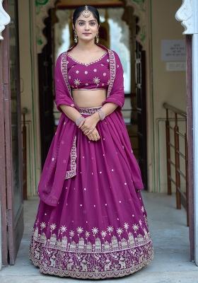Wine Embroidered Georgette Lehenga Set With Dupatta