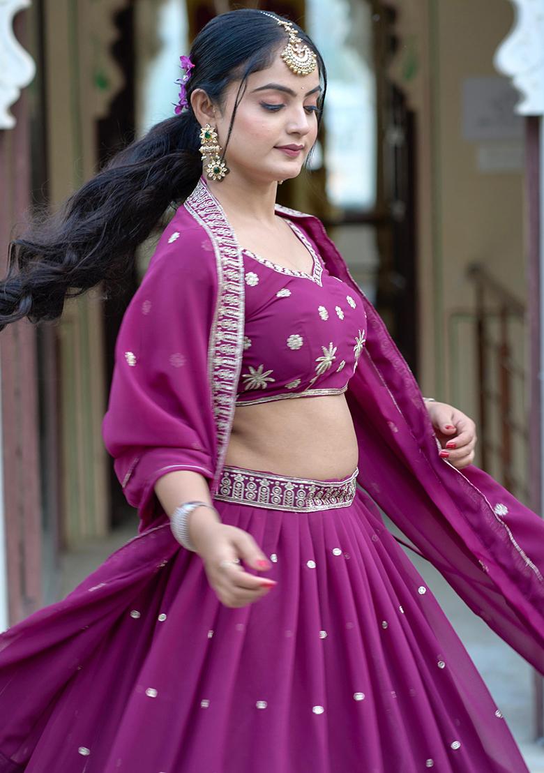 Wine Embroidered Georgette Lehenga Set With Dupatta