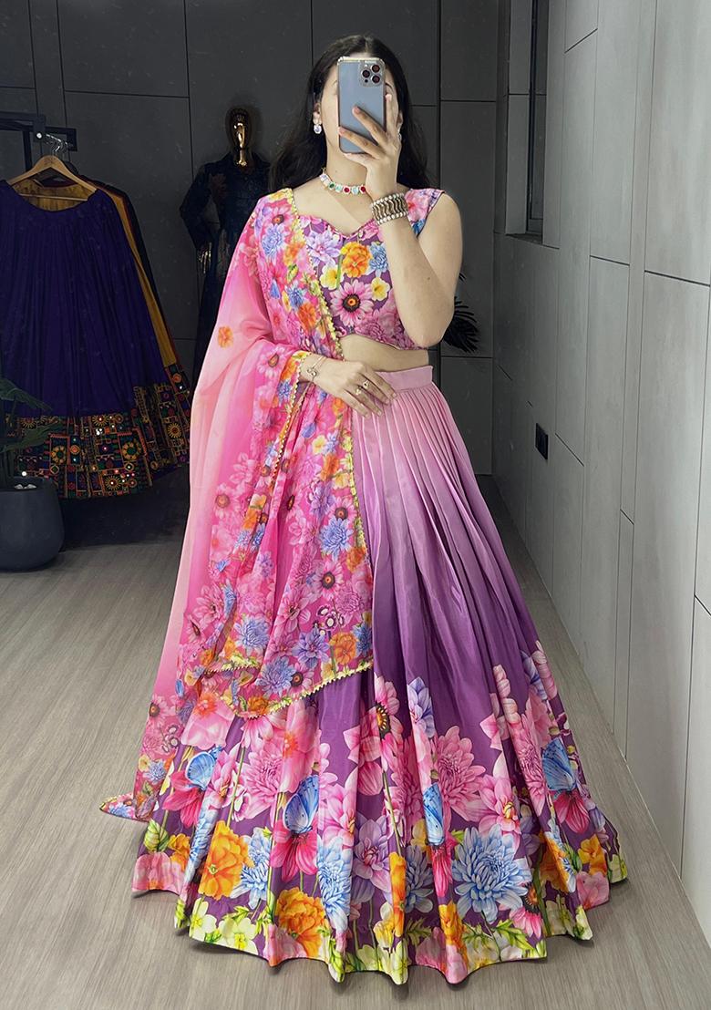 Purple Printed Chinnon Lehenga Set With Dupatta