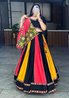 Multicolor Kali Work Rayon Cotton Lehenga Set With Dupatta