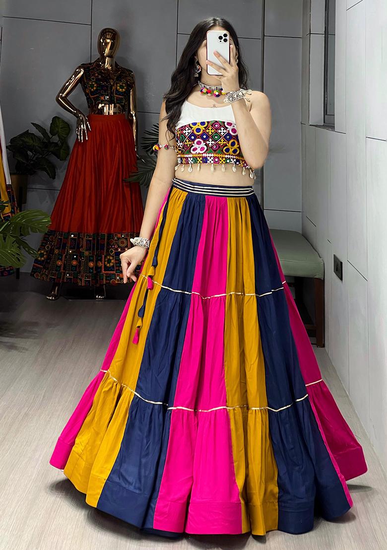 Multicolor Frilled Pattern Rayon Cotton Lehenga Set With Dupatta