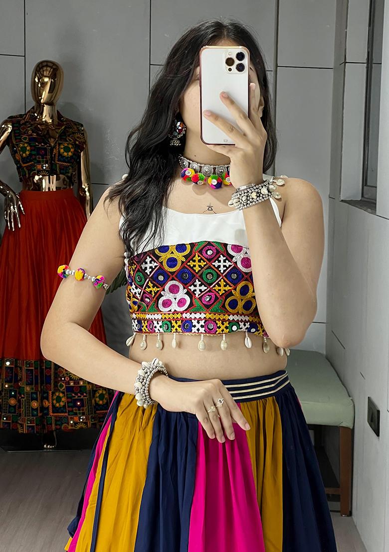 Multicolor Frilled Pattern Rayon Cotton Lehenga Set With Dupatta