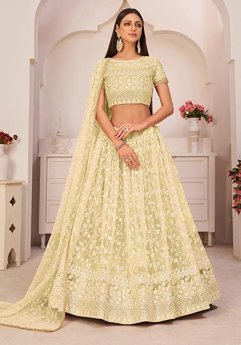 Lemon Yellow Thread Embroidered Net Lehenga Set