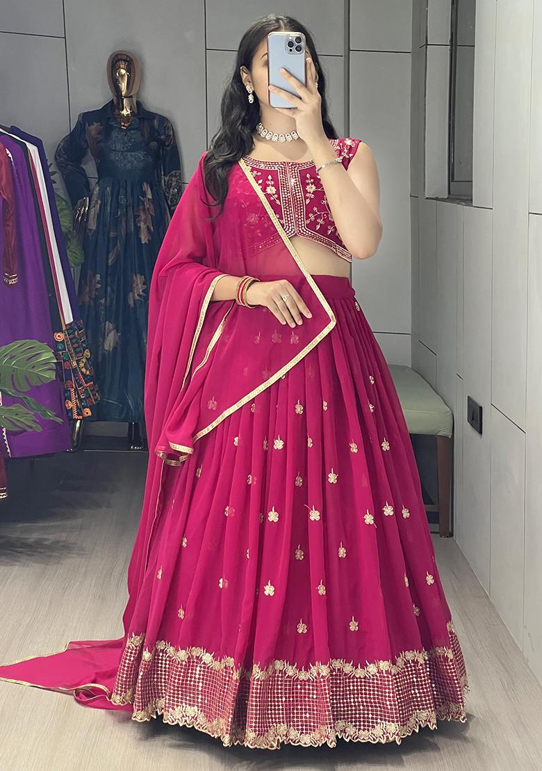Rani Pink Embroidered Georgette Lehenga Set With Dupatta