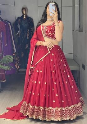 Maroon Embroidered Georgette Lehenga Set With Dupatta