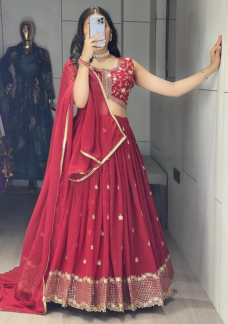 Maroon Embroidered Georgette Lehenga Set With Dupatta