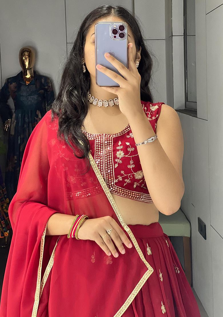 Maroon Embroidered Georgette Lehenga Set With Dupatta