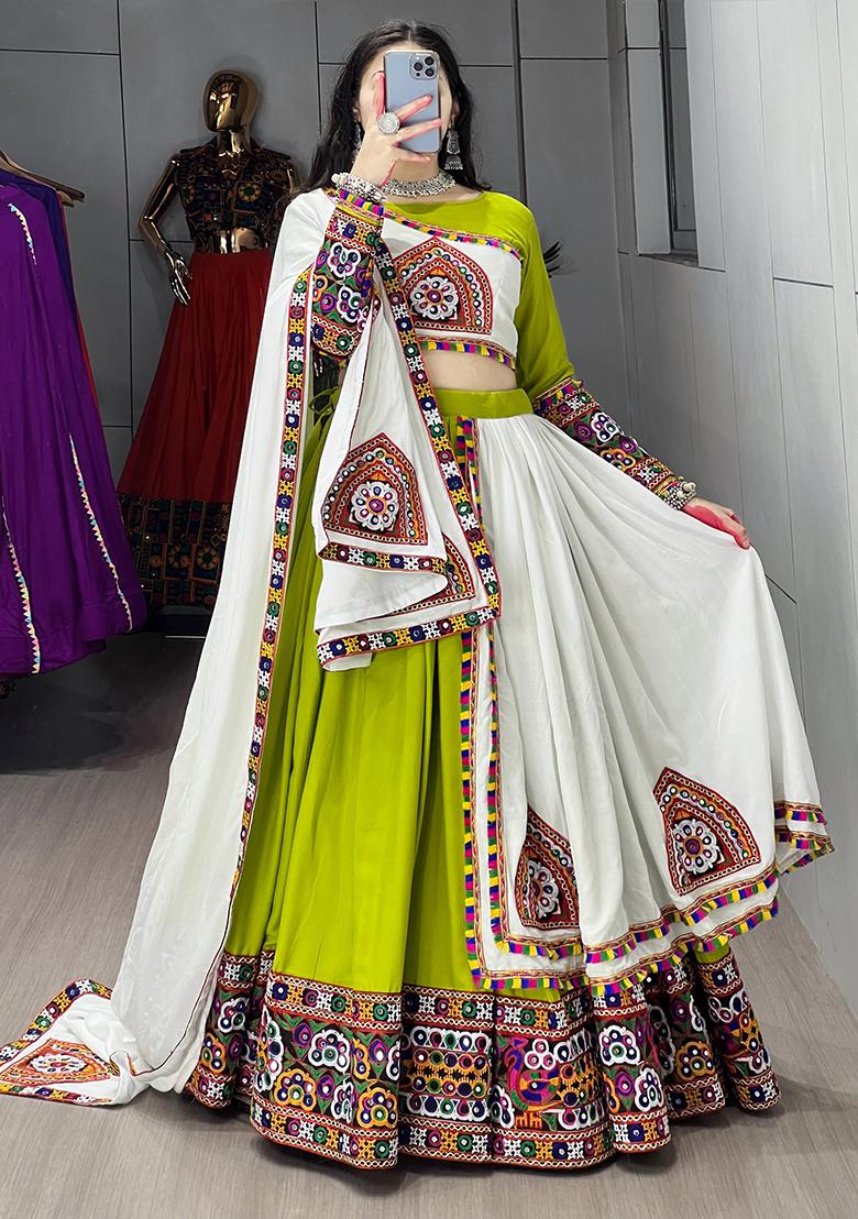 Parrot Green Gamathi Rayon Cotton Lehenga Set With Dupatta