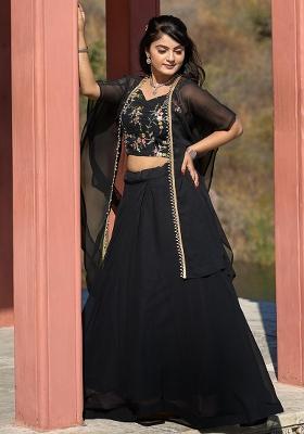 Black Solid Georgette Lehenga Set With Dupatta