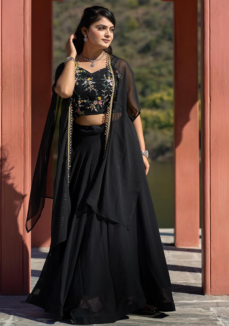 Black Solid Georgette Lehenga Set With Dupatta