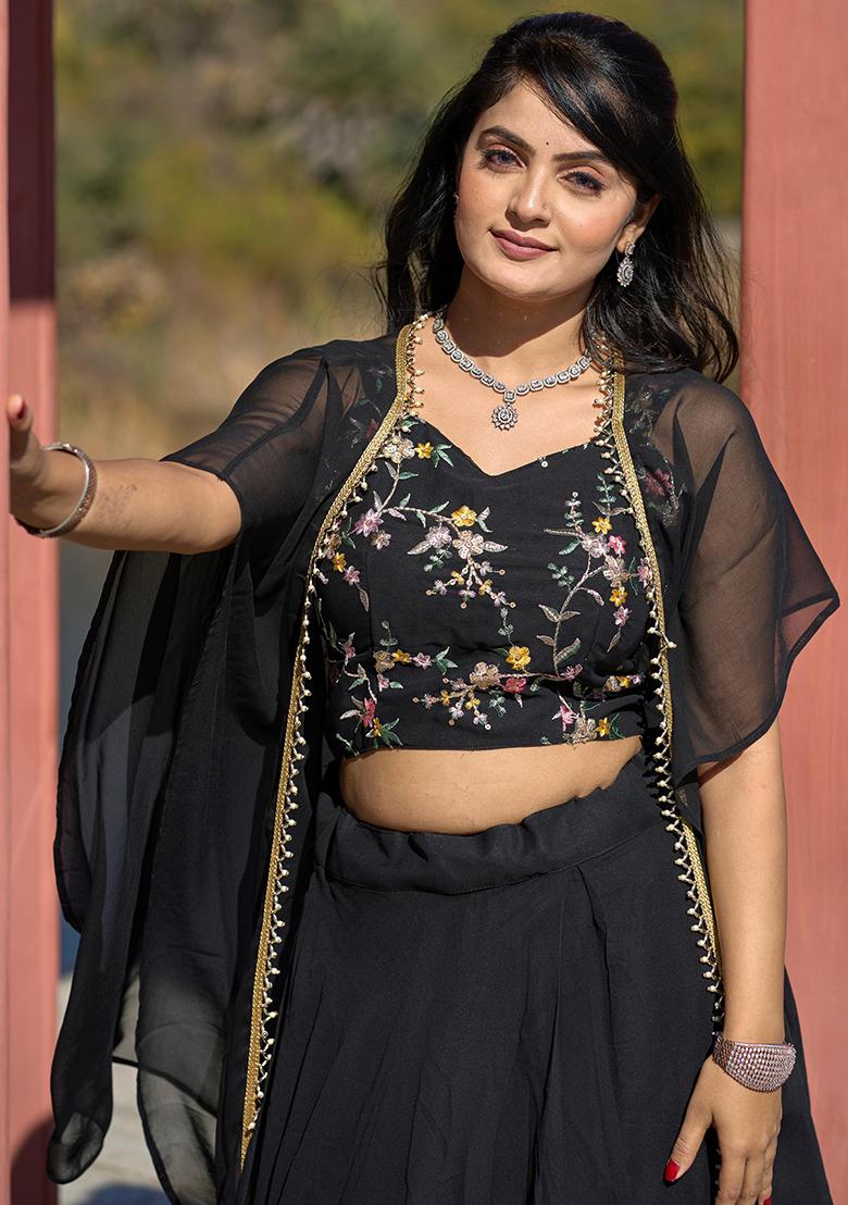 Black Solid Georgette Lehenga Set With Dupatta