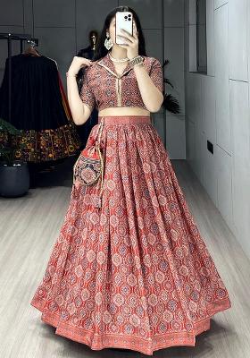 Orange Printed Silk Lehenga Set With Dupatta