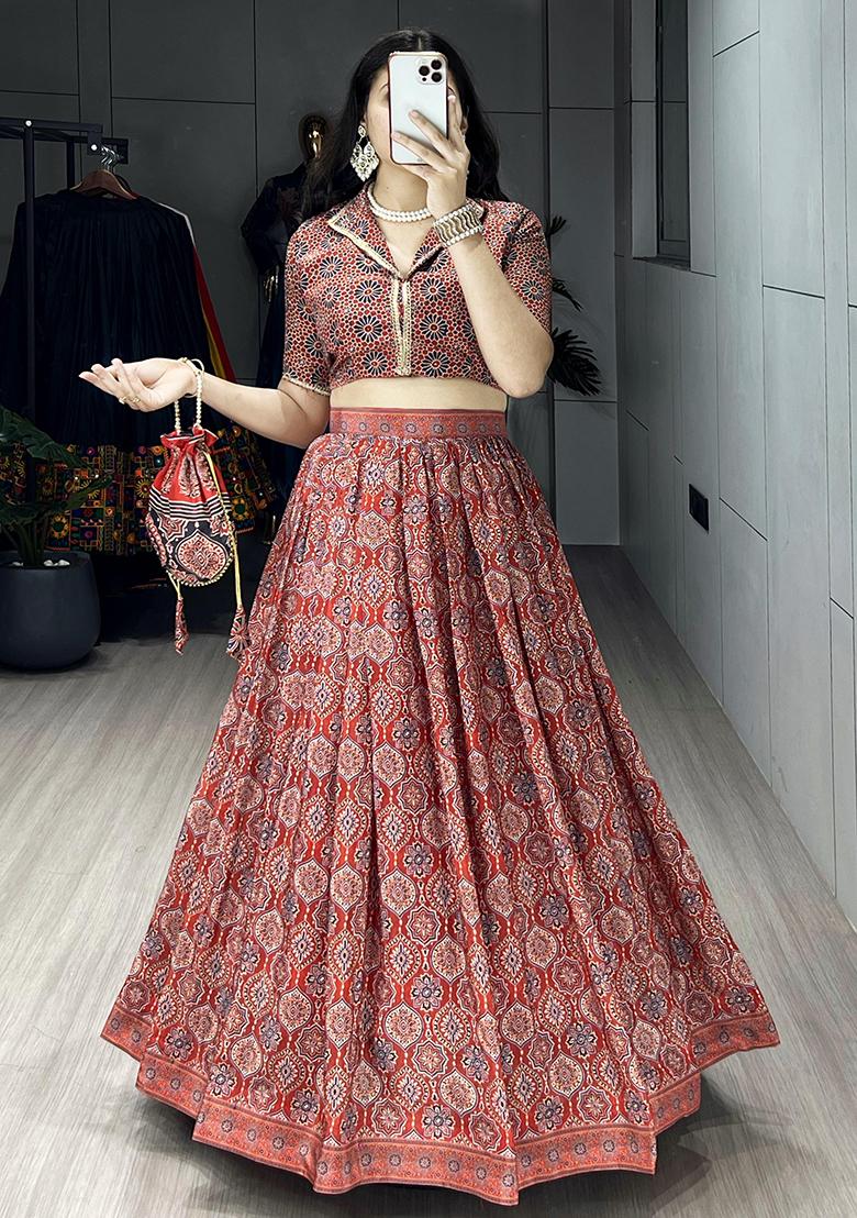 Orange Printed Silk Lehenga Set With Dupatta