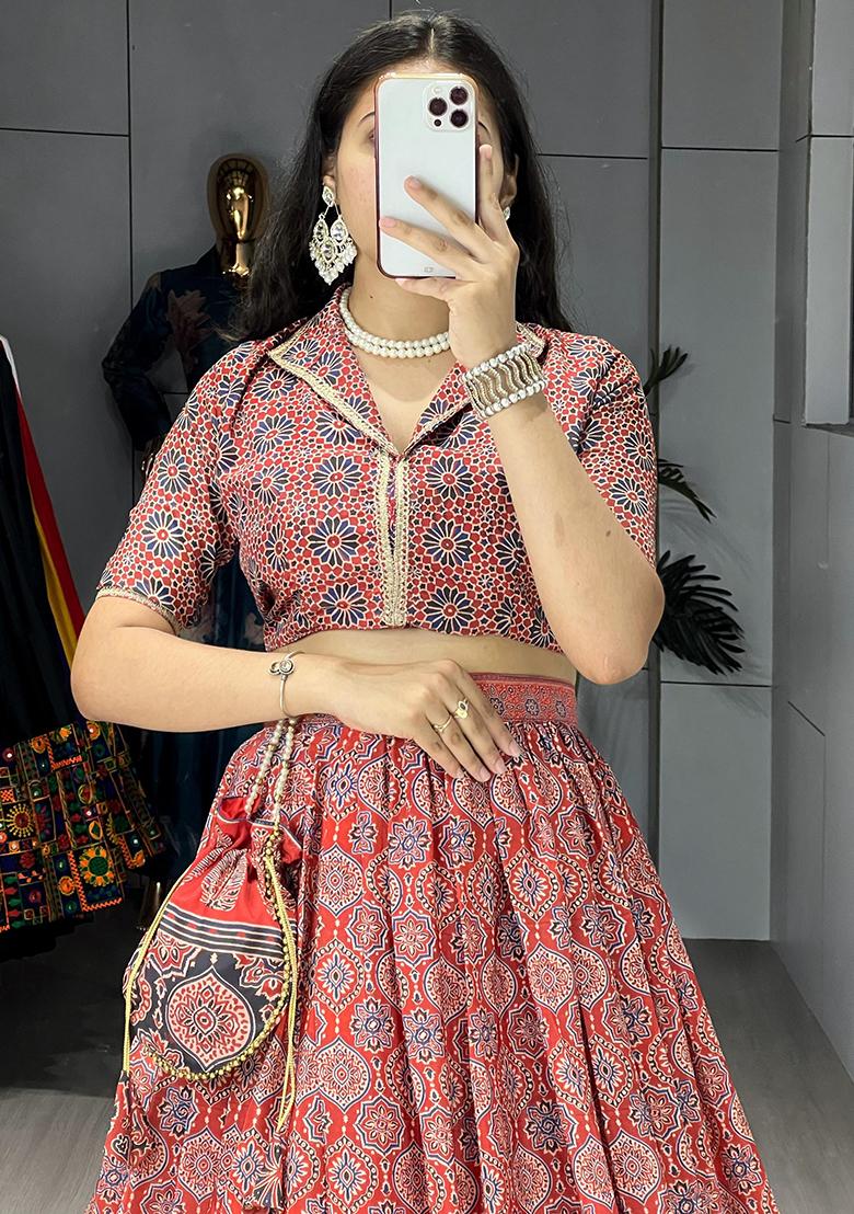 Orange Printed Silk Lehenga Set With Dupatta