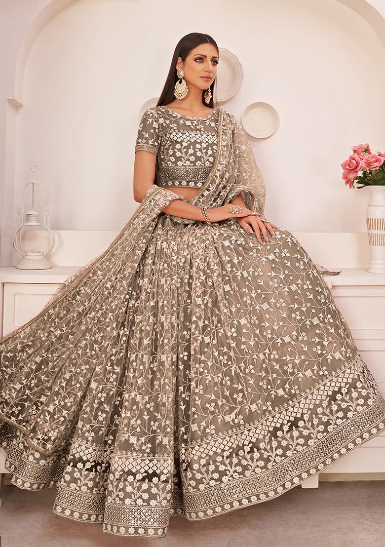 Brown Thread Embroidered Net Lehenga Set - Indya