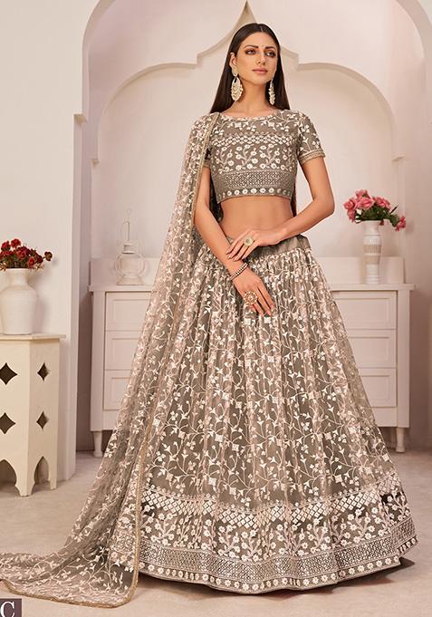 Brown Thread Embroidered Net Lehenga Set