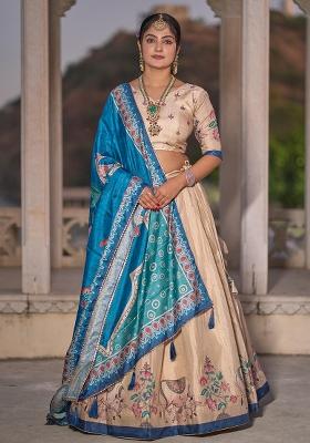 Cream Printed Silk Lehenga Set With Dupatta