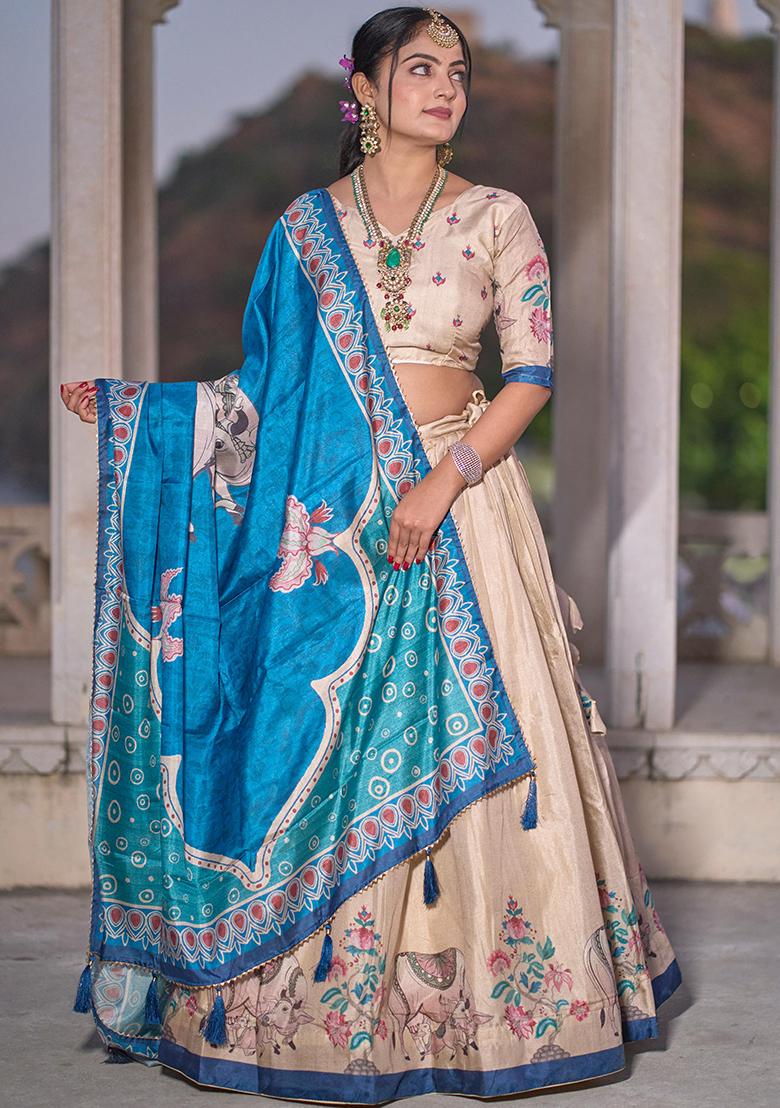 Cream Printed Silk Lehenga Set With Dupatta