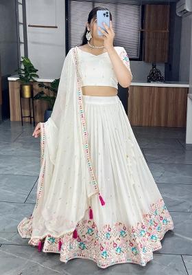 White Embroidered Georgette Lehenga Set With Dupatta