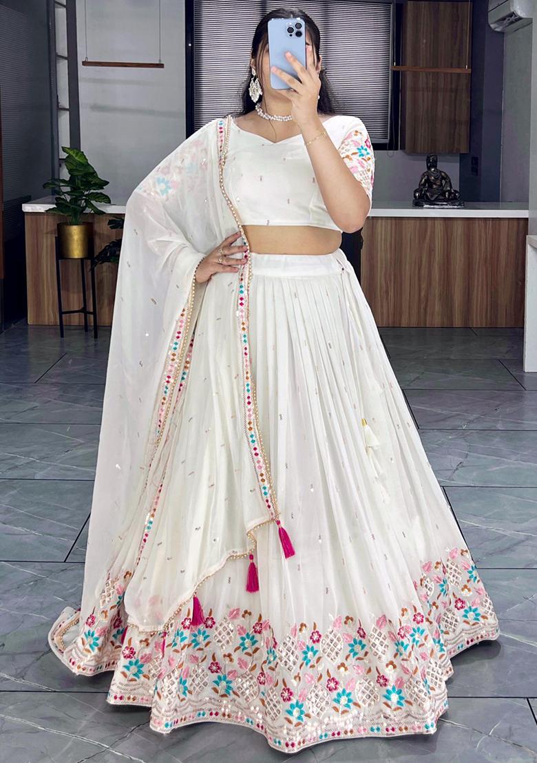 White Embroidered Georgette Lehenga Set With Dupatta