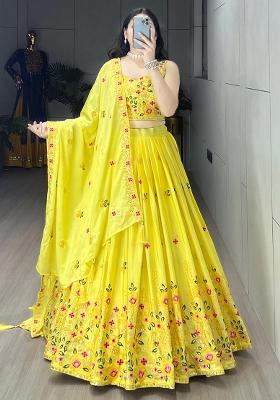Yellow Embroidered Chinnon Lehenga Set With Dupatta