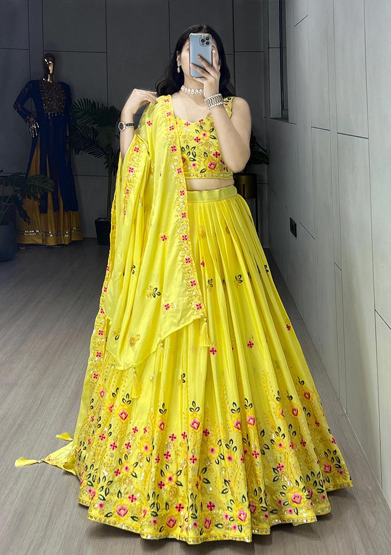 Yellow Embroidered Chinnon Lehenga Set With Dupatta