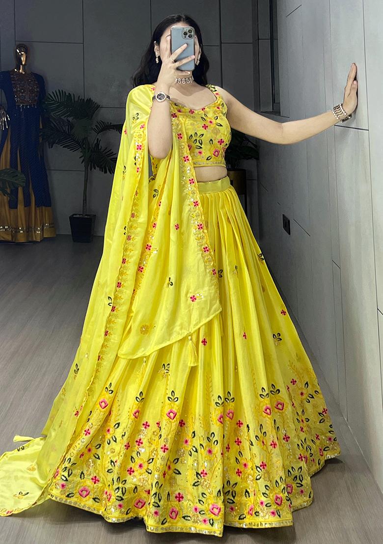 Yellow Embroidered Chinnon Lehenga Set With Dupatta