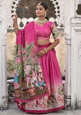 Pink Printed Silk Lehenga Set With Dupatta