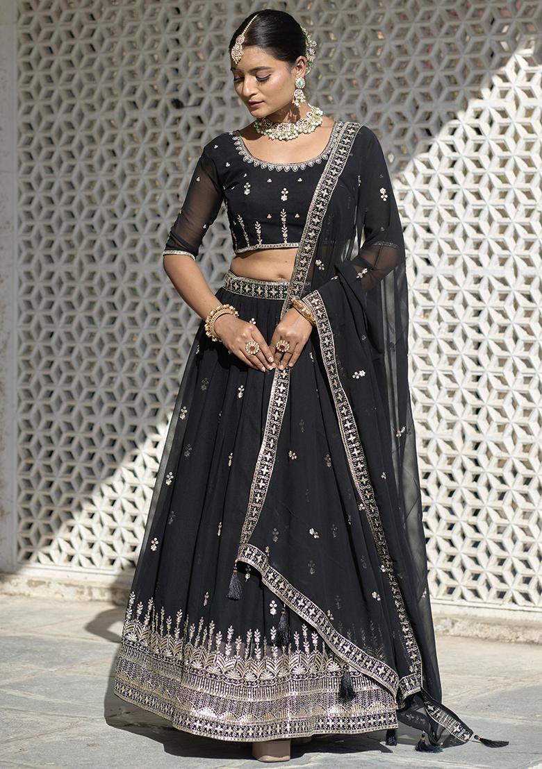 Black Embroidered Georgette Lehenga Set With Dupatta