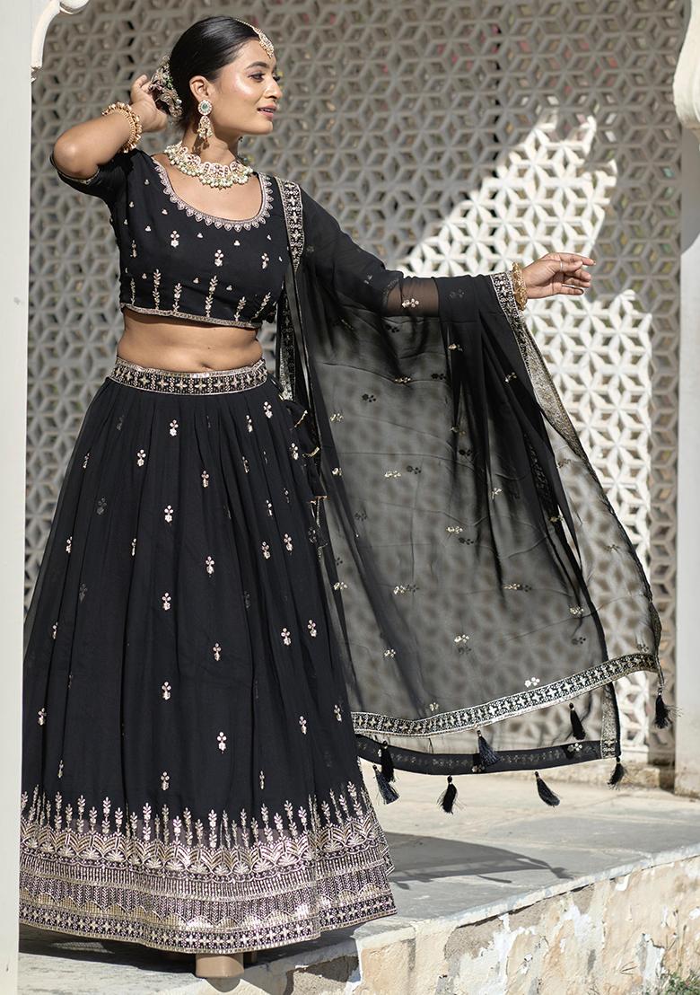 Black Embroidered Georgette Lehenga Set With Dupatta