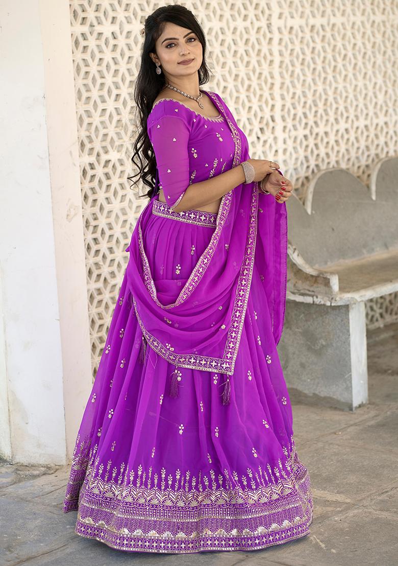 Purple Sequence Georgette Lehenga Set With Dupatta