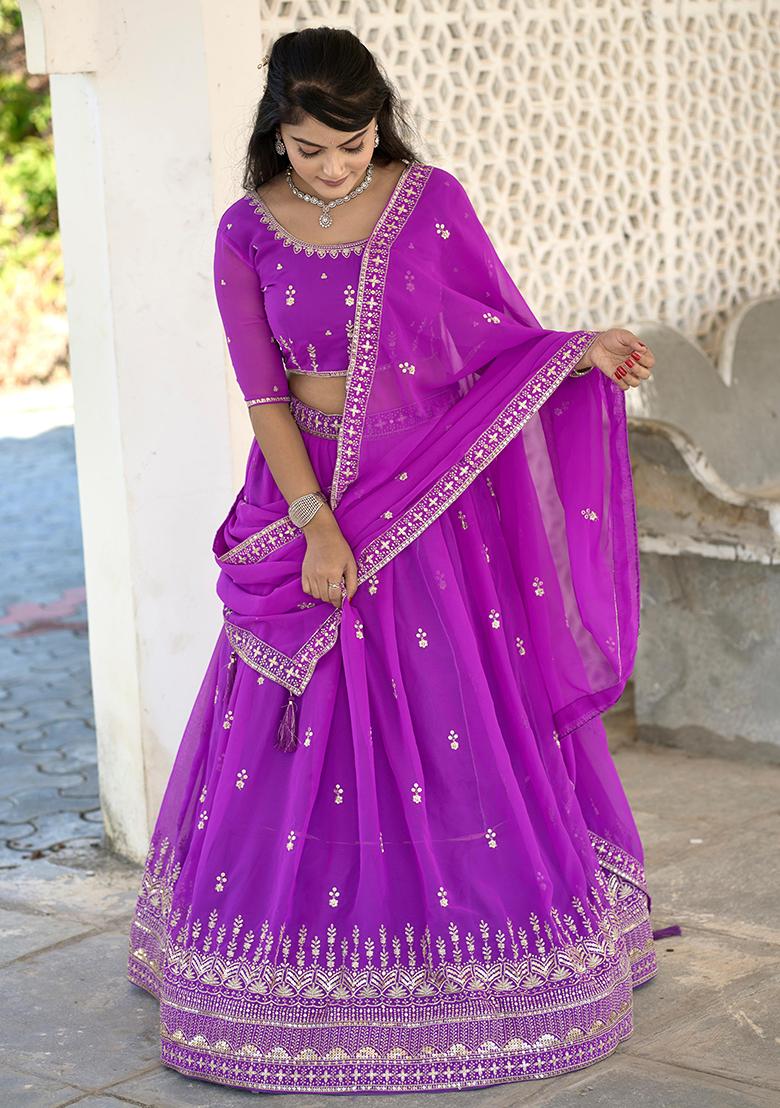 Purple Sequence Georgette Lehenga Set With Dupatta
