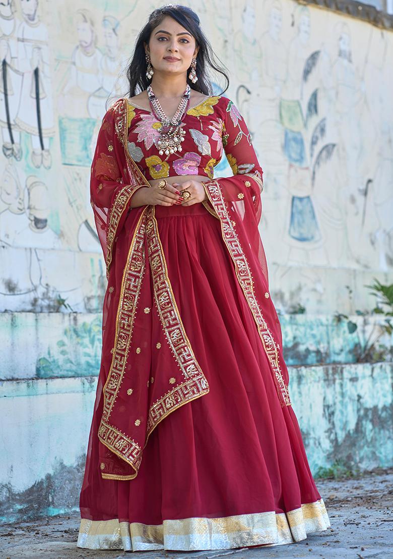 Maroon Solid Georgette Lehenga Set With Dupatta
