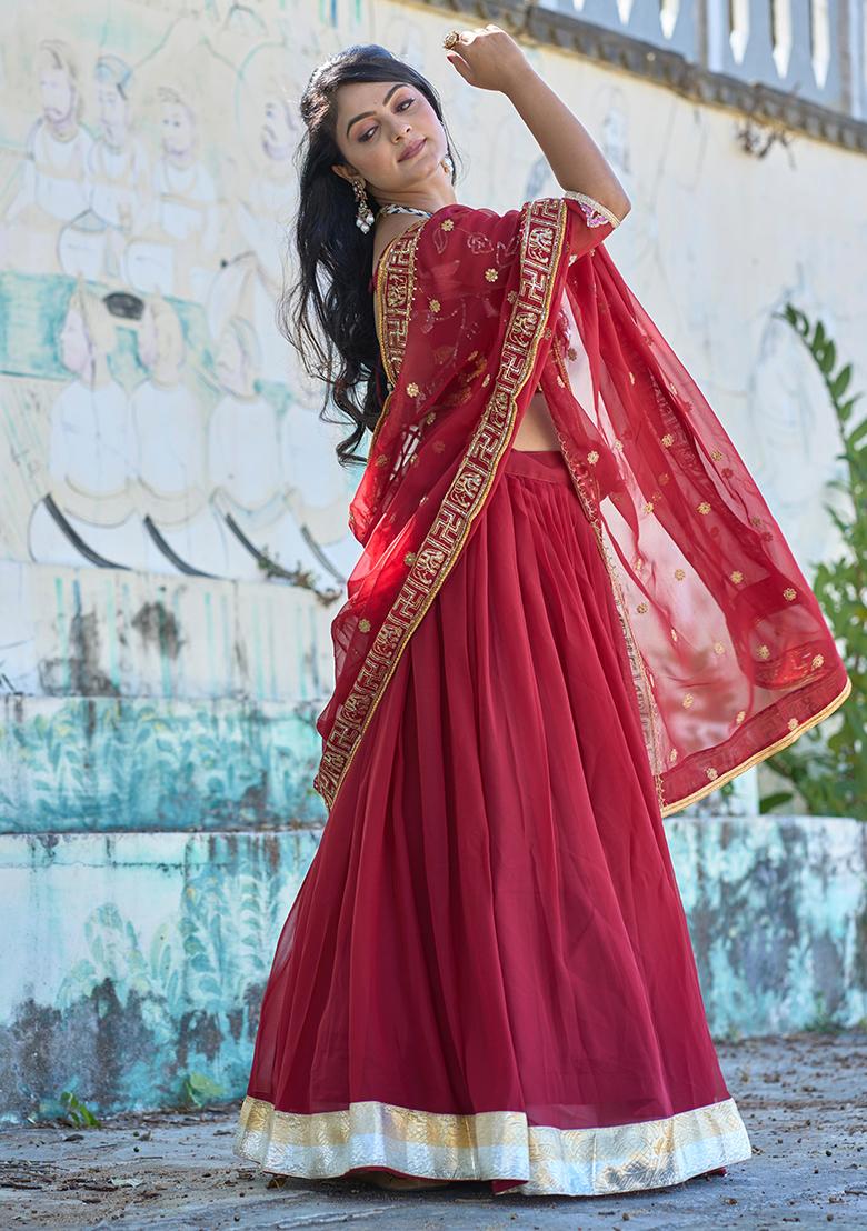 Maroon Solid Georgette Lehenga Set With Dupatta