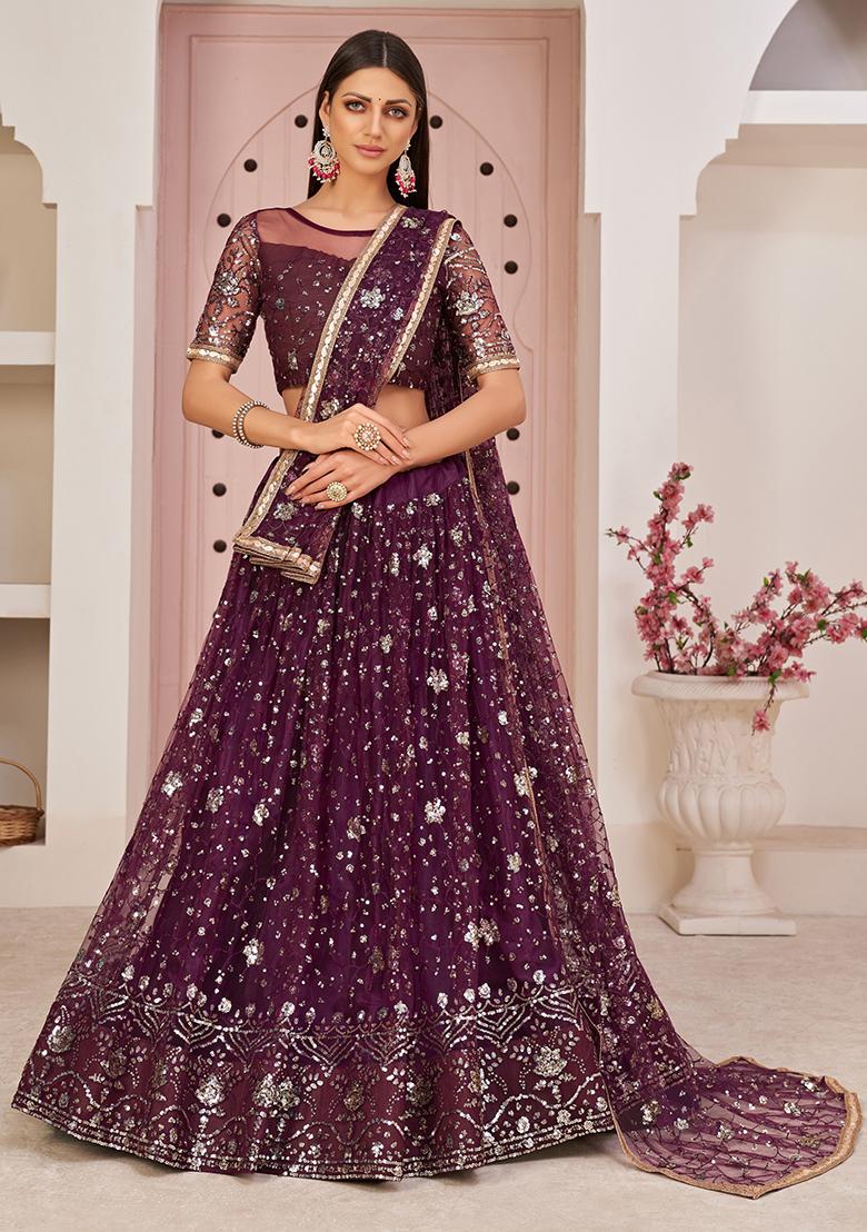 Wine Thread Embroidered Net Lehenga Set