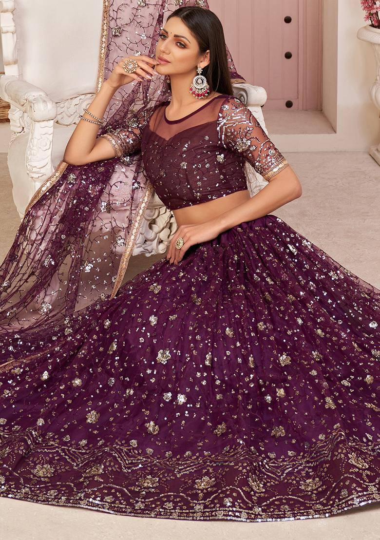 Wine Thread Embroidered Net Lehenga Set