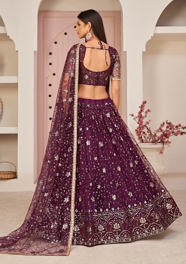 Wine Thread Embroidered Net Lehenga Set