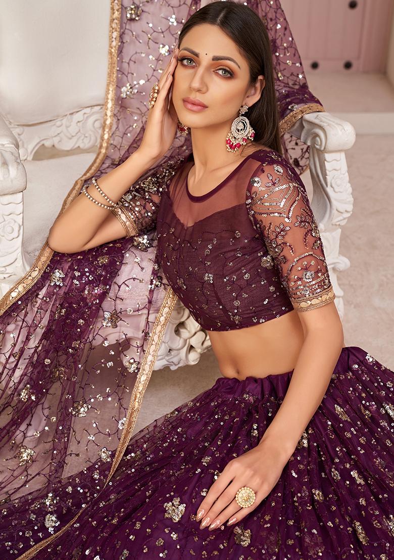 Wine Thread Embroidered Net Lehenga Set