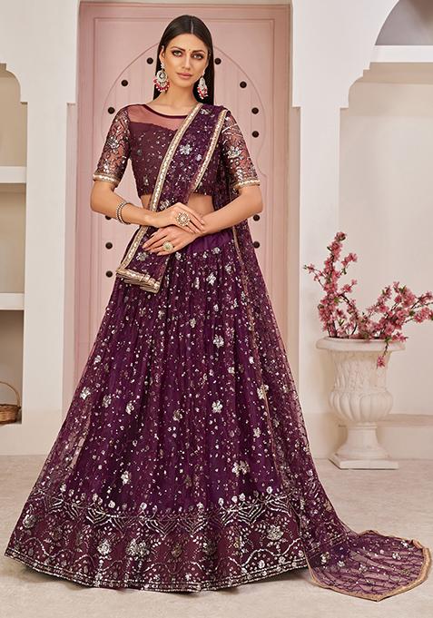 Wine Thread Embroidered Net Lehenga Set