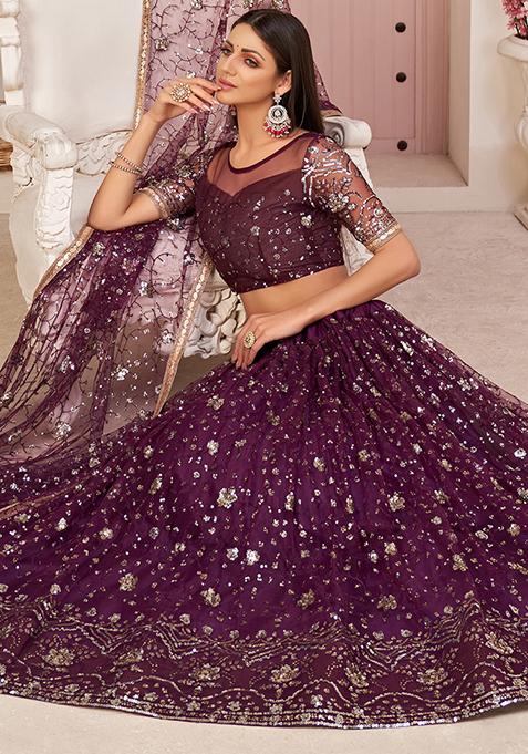 Wine Thread Embroidered Net Lehenga Set