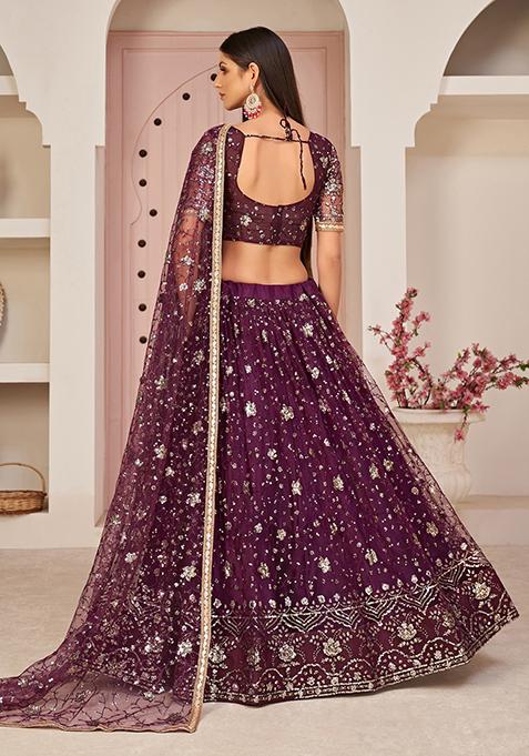 Wine Thread Embroidered Net Lehenga Set