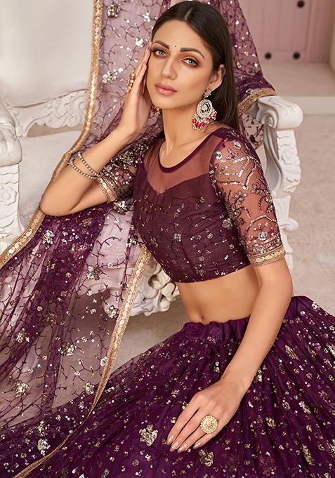 Wine Thread Embroidered Net Lehenga Set