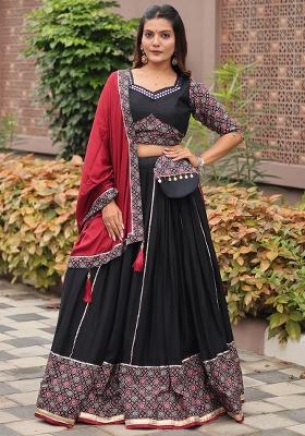 Black Gamathi Rayon Cotton Lehenga Set With Dupatta